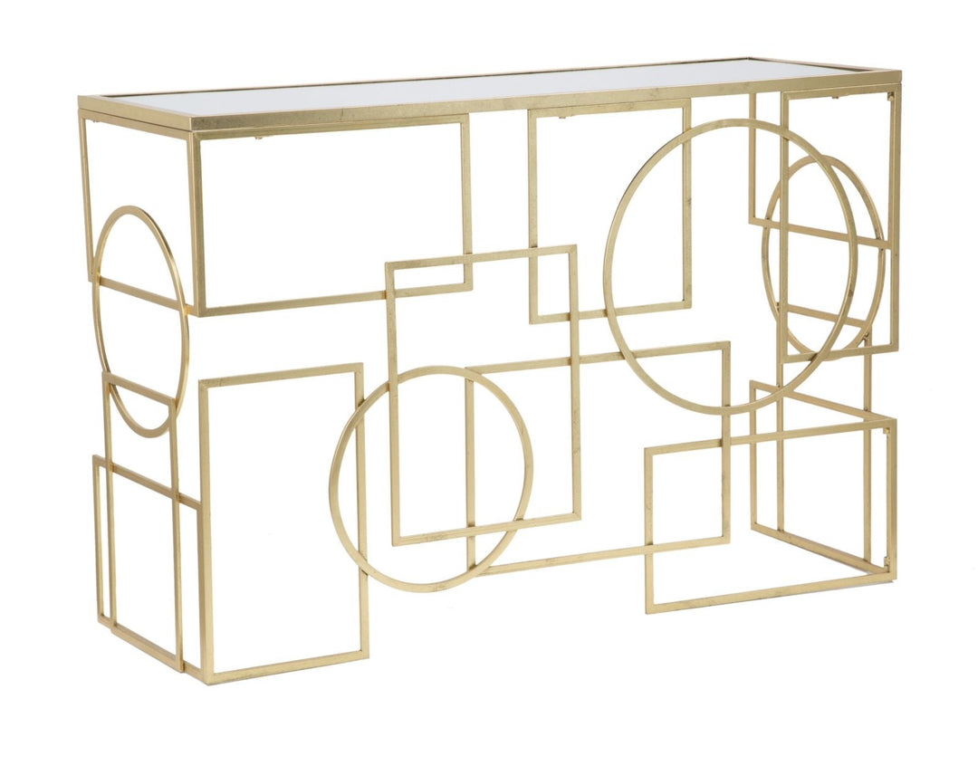 Geometrischer Konsolentisch aus Goldmetall und Glas
