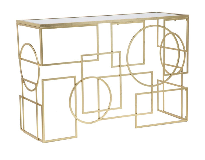 Geometrischer Konsolentisch aus Goldmetall und Glas