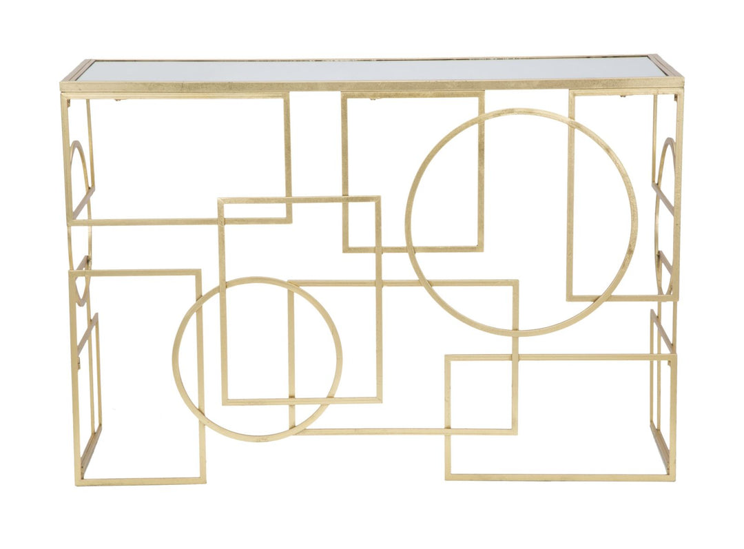 Geometrischer Konsolentisch aus Goldmetall und Glas