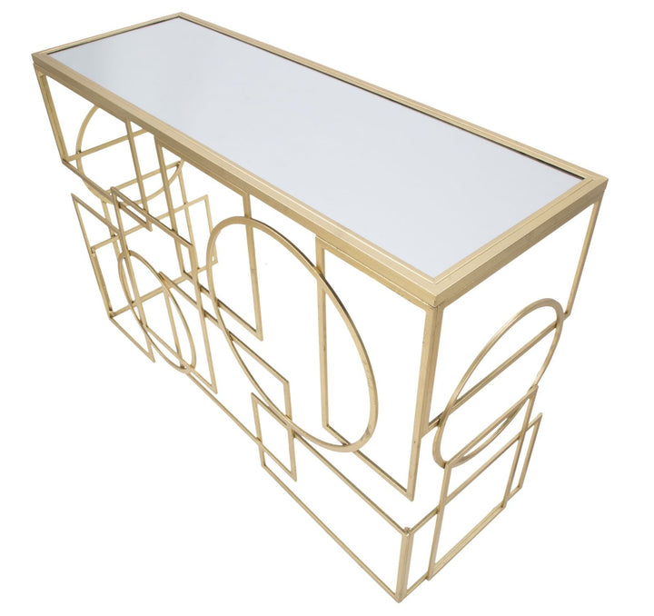 Geometrischer Konsolentisch aus Goldmetall und Glas