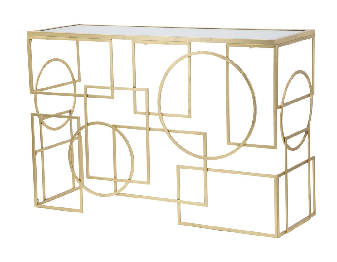 Geometrischer Konsolentisch aus Goldmetall und Glas