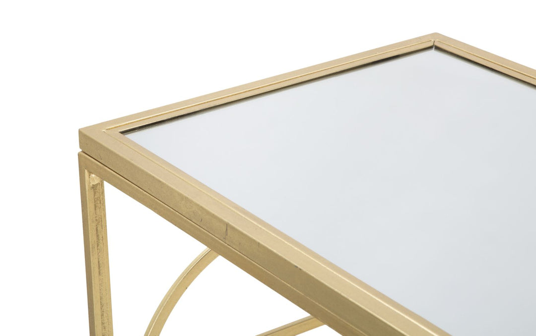 Geometrischer Konsolentisch aus Goldmetall und Glas