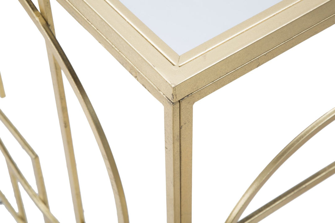 Geometrischer Konsolentisch aus Goldmetall und Glas