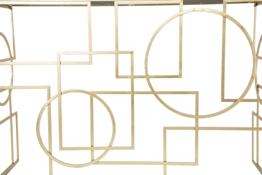 Geometrischer Konsolentisch aus Goldmetall und Glas