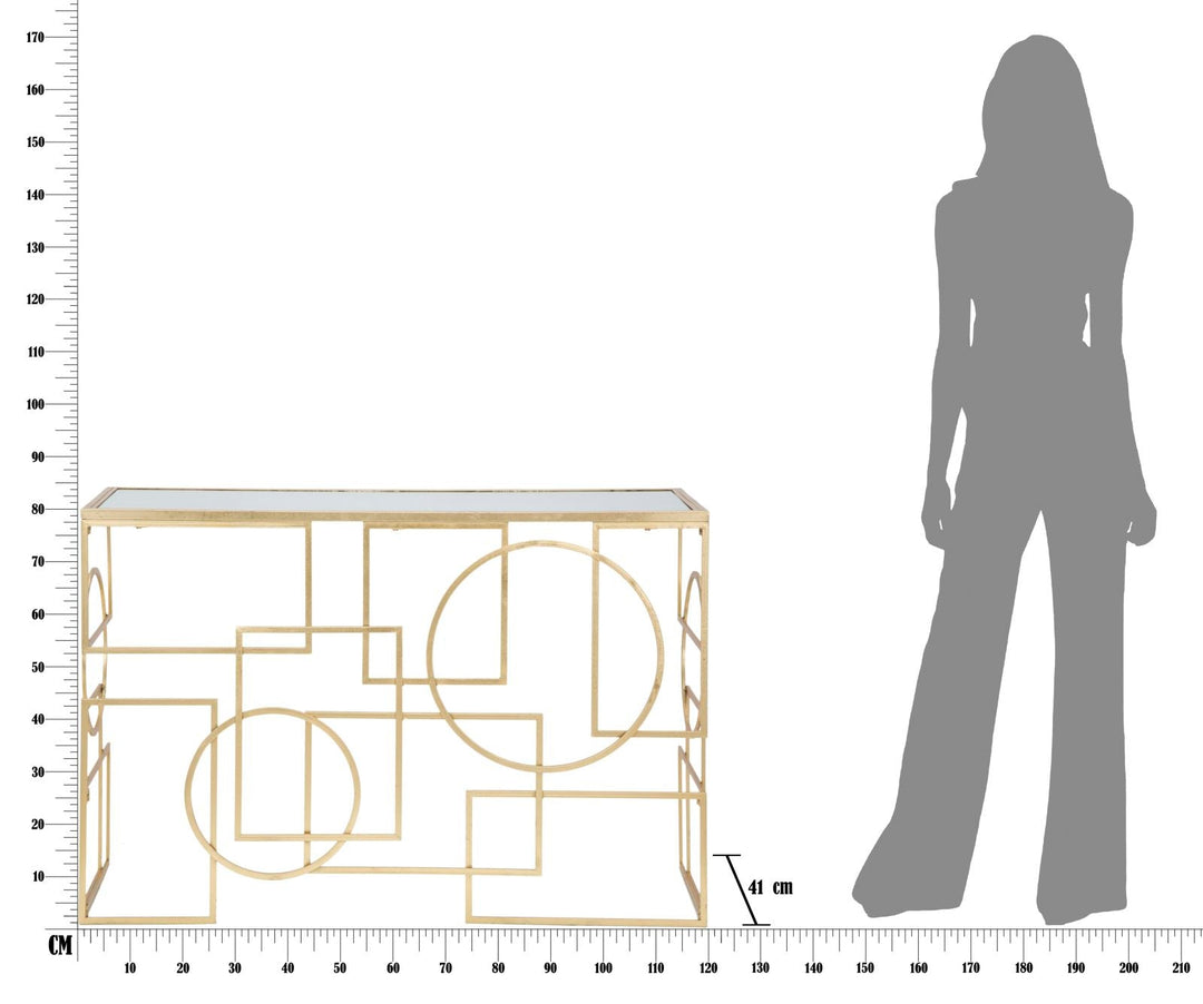 Geometrischer Konsolentisch aus Goldmetall und Glas