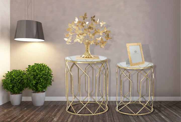 Geometrischer kleiner Tisch aus Metall und Glas Gold 2er-Set
