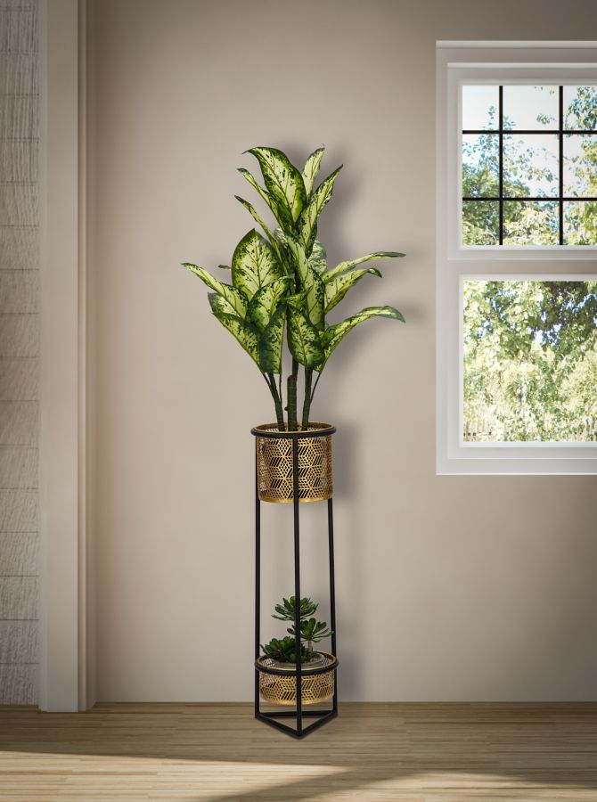 Goldfarbene Pflanzenvase mit schwarzem Metallrahmen 2er Set