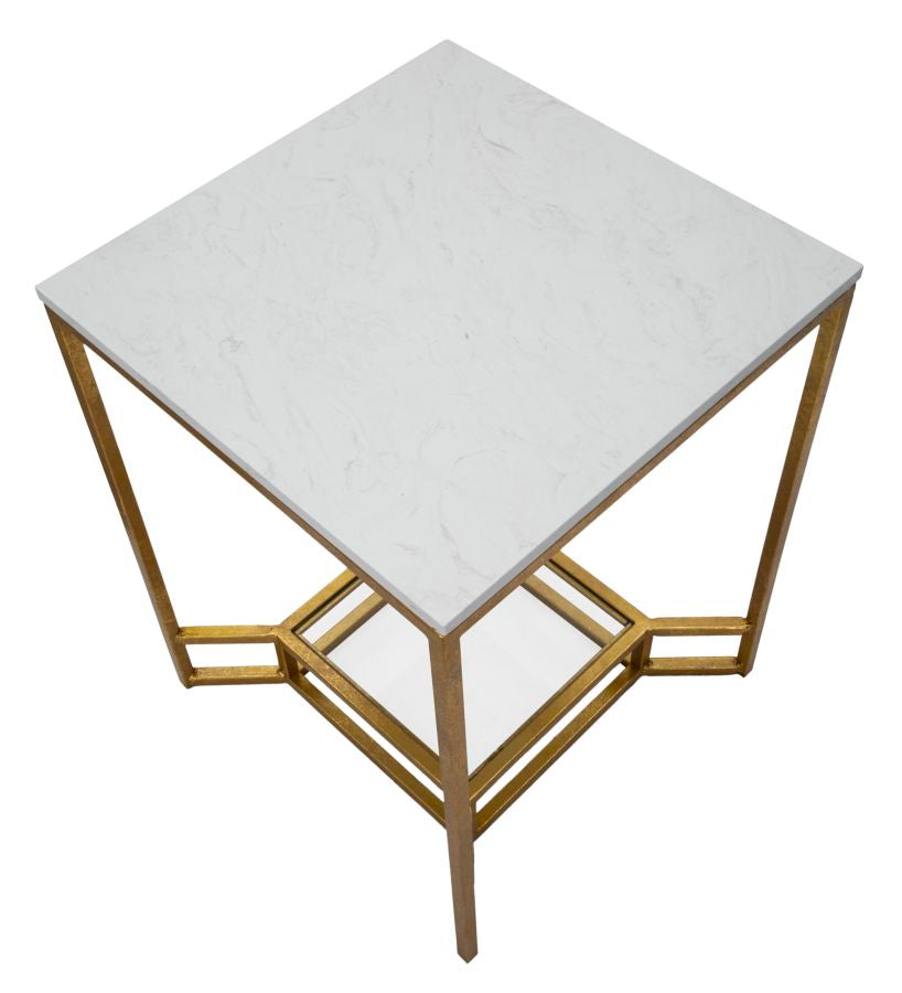 Kleiner quadratischer Couchtisch aus goldfarbenem Metall mit Marmorplatte