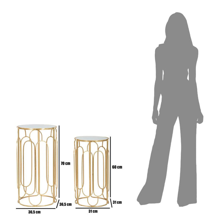 Kleiner runder Tisch aus Metall und Glas im 2er-Set in Gold