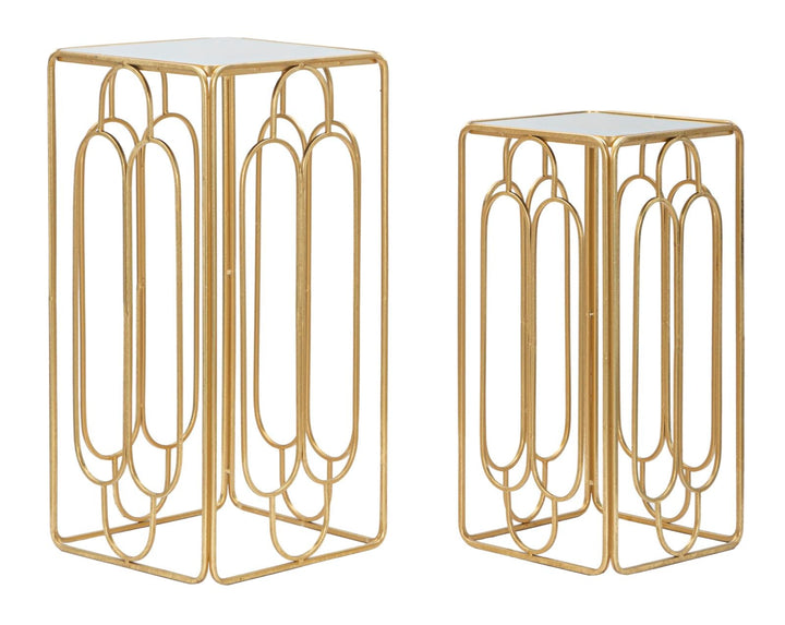Kleiner rechteckiger Tisch aus goldfarbenem Metall und Glas im 2er-Set