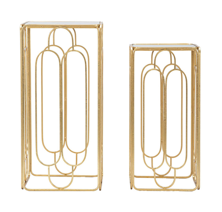 Kleiner rechteckiger Tisch aus goldfarbenem Metall und Glas im 2er-Set