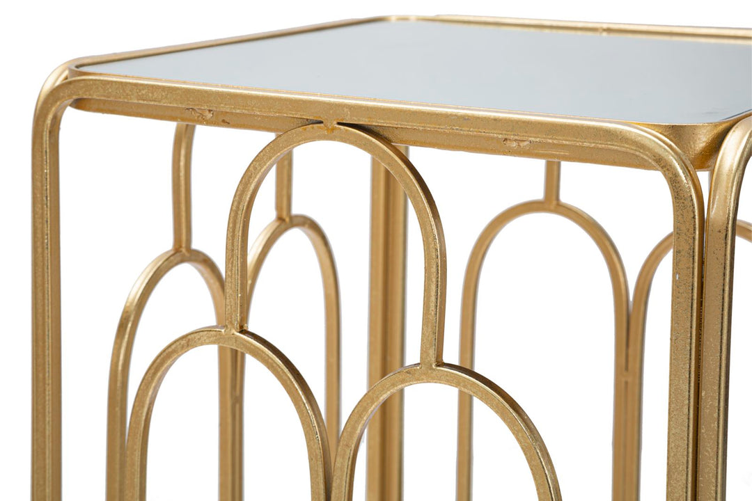 Kleiner rechteckiger Tisch aus goldfarbenem Metall und Glas im 2er-Set