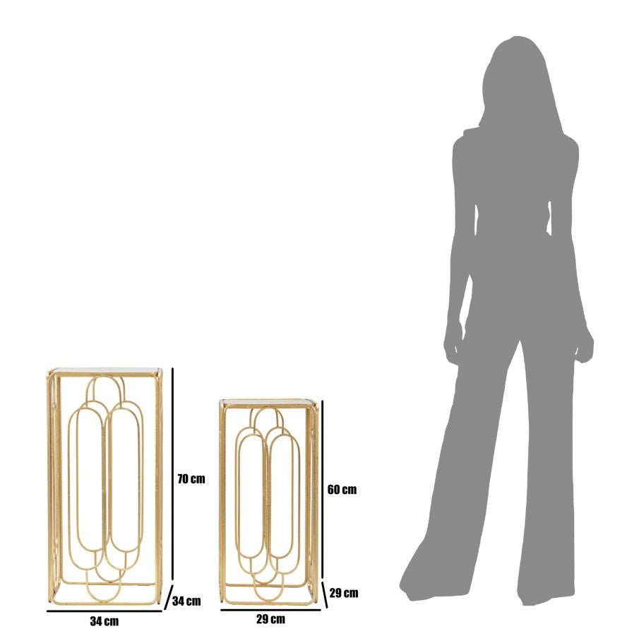 Kleiner rechteckiger Tisch aus goldfarbenem Metall und Glas im 2er-Set