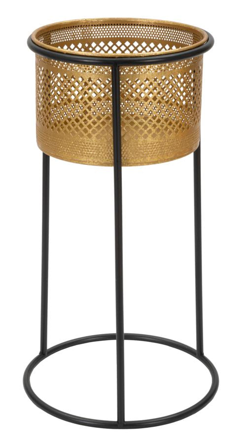 Goldener Blumentopf aus Metall mit schwarzem Rahmen