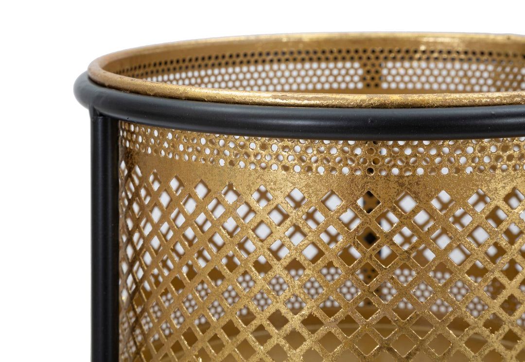 Goldener Blumentopf aus Metall mit schwarzem Rahmen