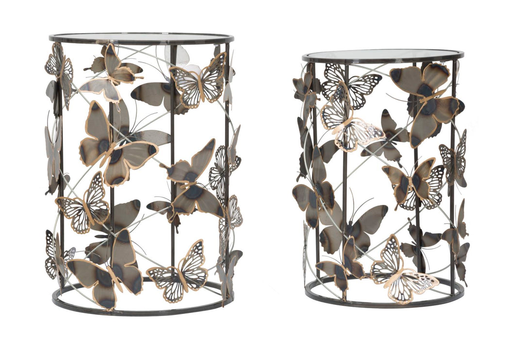 Kleiner Tisch aus Metall und Glas mit Schmetterling 2er-Set