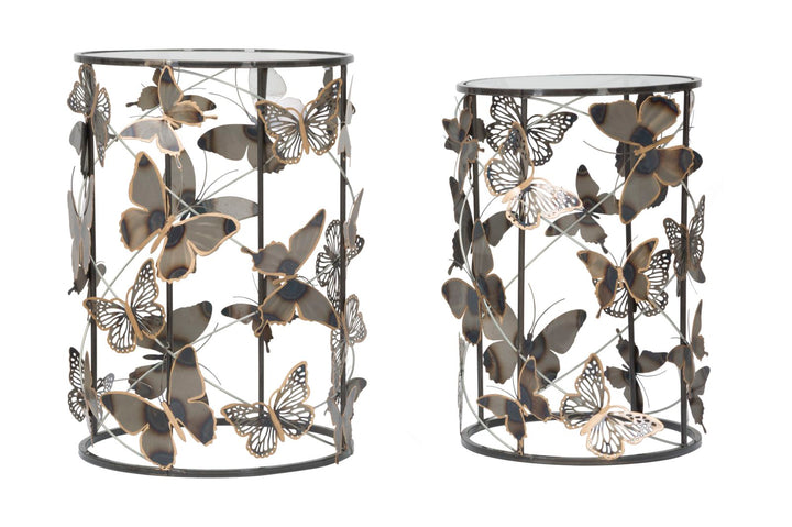 Kleiner Tisch aus Metall und Glas mit Schmetterling 2er-Set