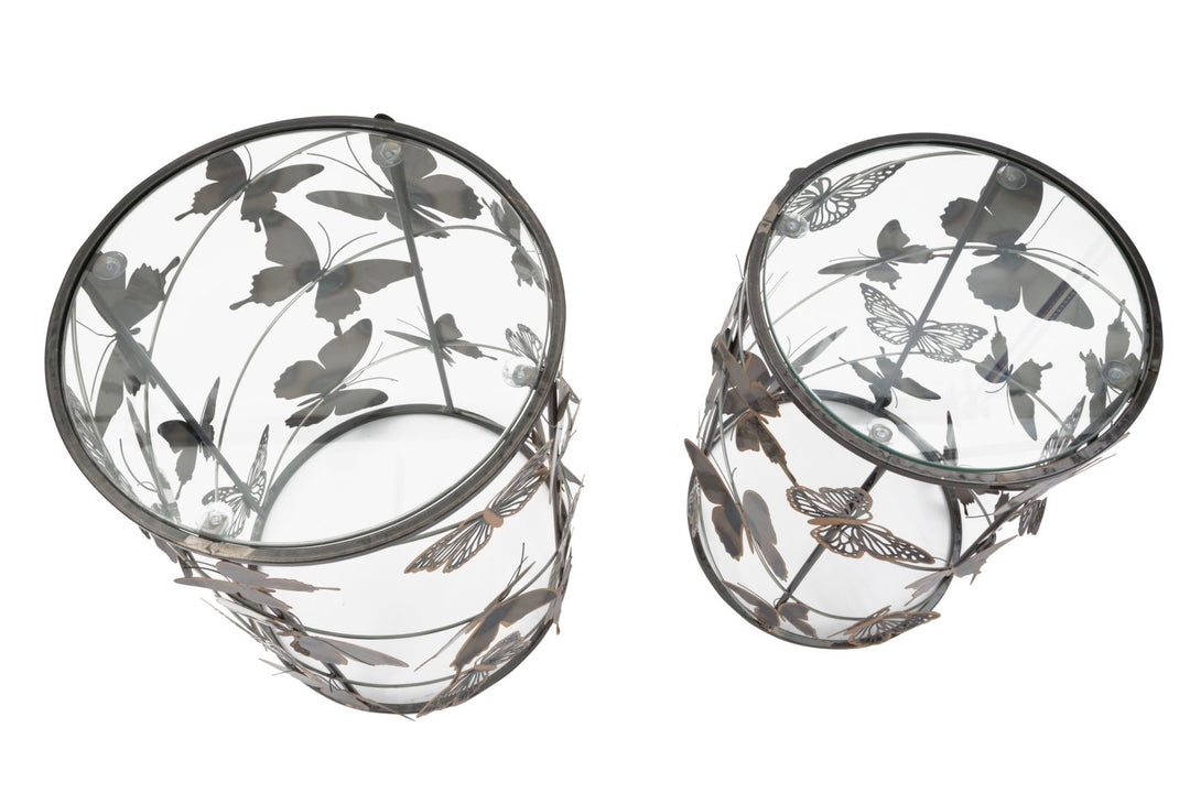 Kleiner Tisch aus Metall und Glas mit Schmetterling 2er-Set