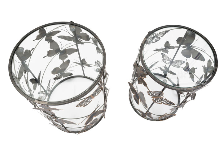 Kleiner Tisch aus Metall und Glas mit Schmetterling 2er-Set