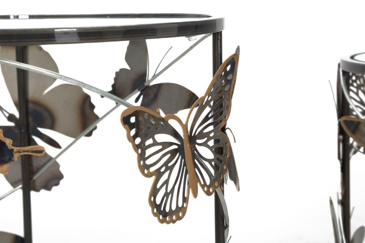 Kleiner Tisch aus Metall und Glas mit Schmetterling 2er-Set