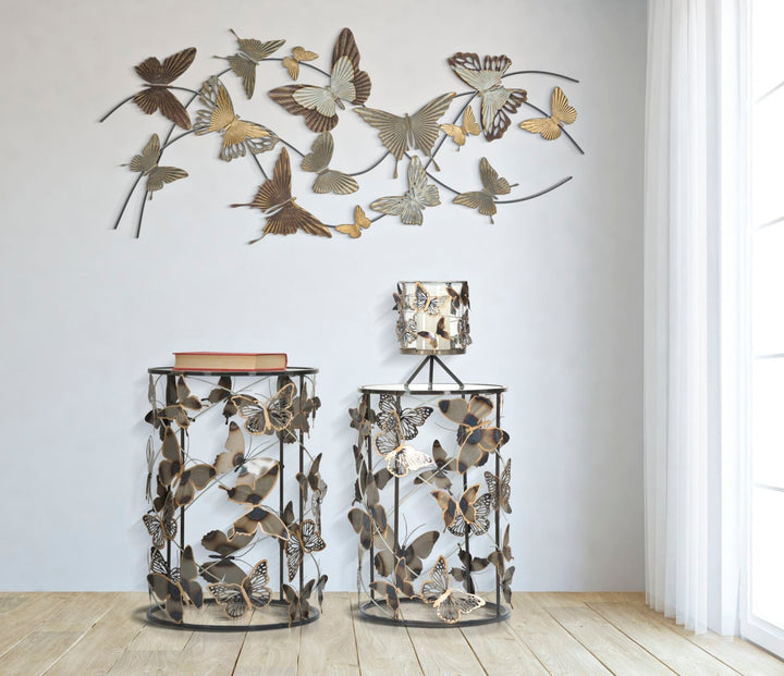 Kleiner Tisch aus Metall und Glas mit Schmetterling 2er-Set