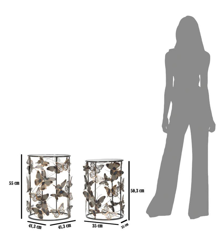 Kleiner Tisch aus Metall und Glas mit Schmetterling 2er-Set