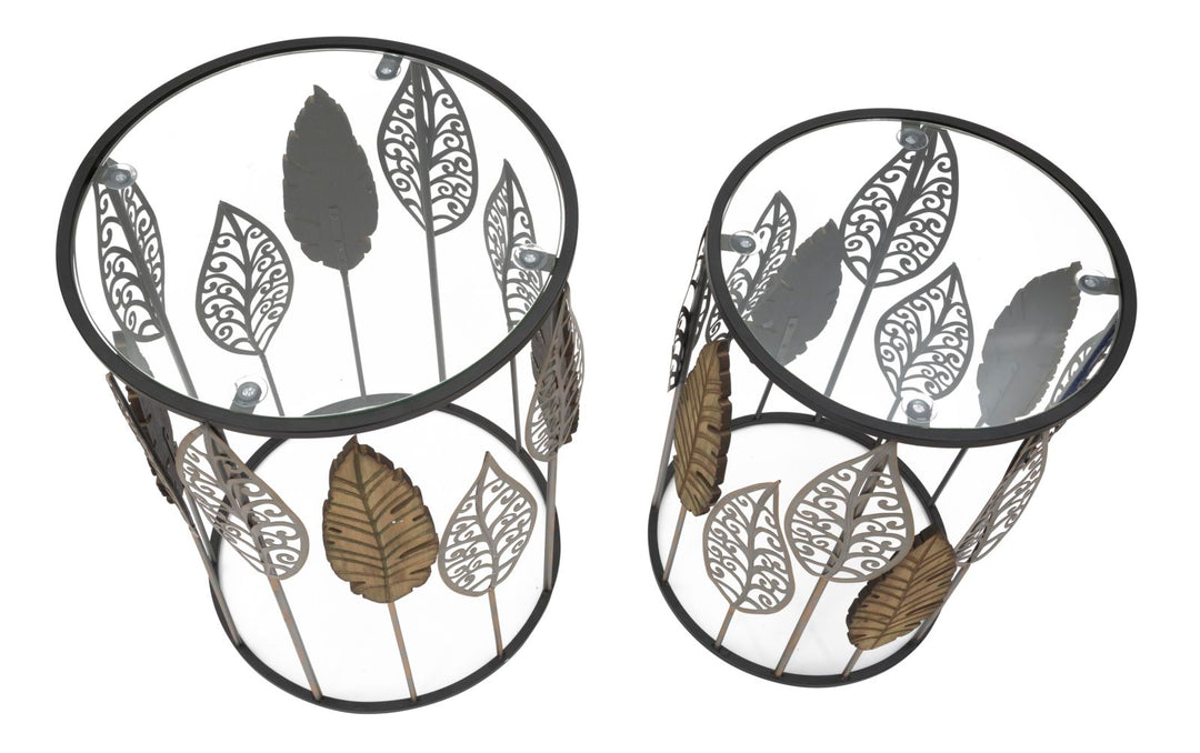 Kleiner Tisch aus Metall und Glas mit Blattmuster, 2er-Set