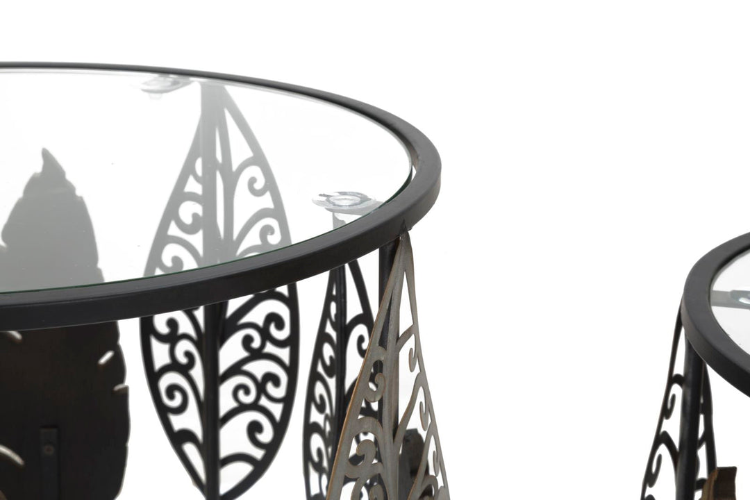 Kleiner Tisch aus Metall und Glas mit Blattmuster, 2er-Set