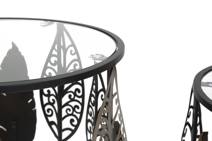 Kleiner Tisch aus Metall und Glas mit Blattmuster, 2er-Set