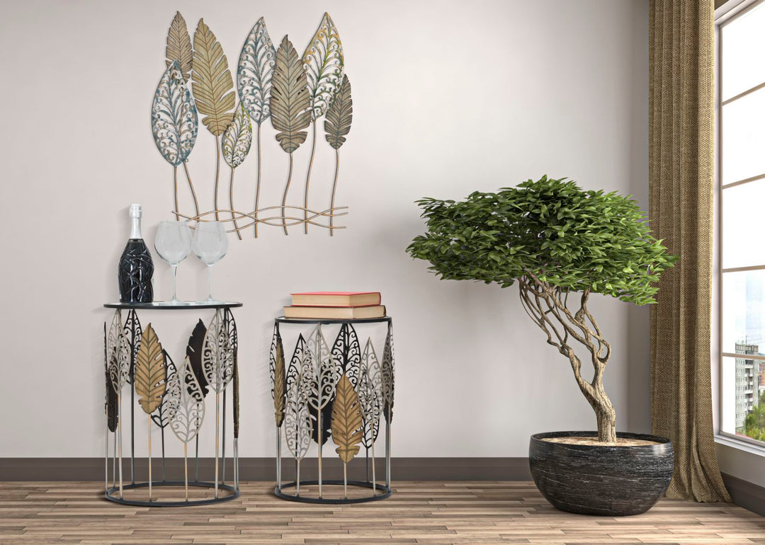 Kleiner Tisch aus Metall und Glas mit Blattmuster, 2er-Set