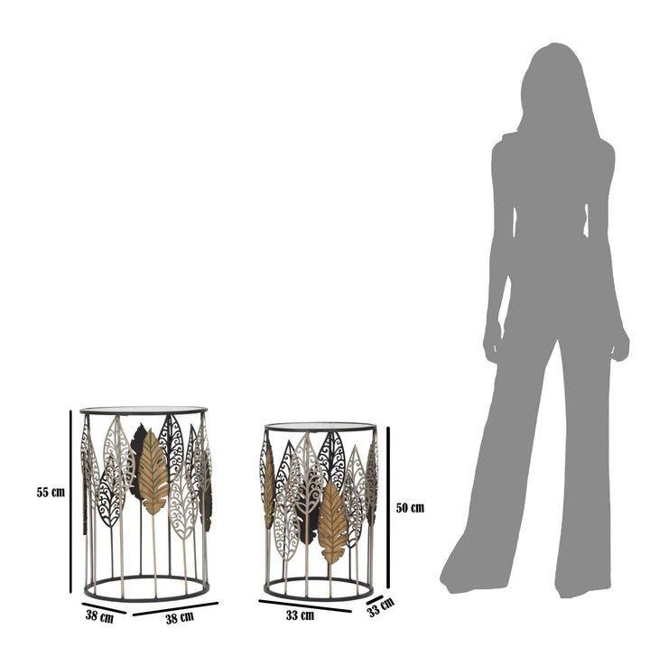 Kleiner Tisch aus Metall und Glas mit Blattmuster, 2er-Set
