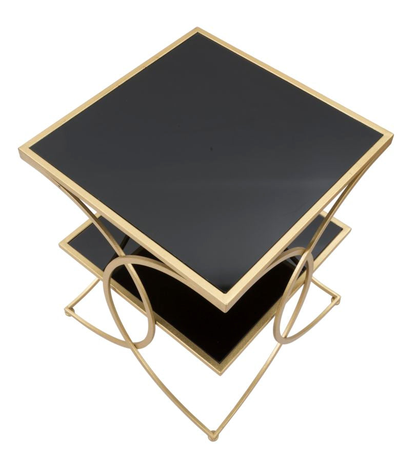 Kleiner quadratischer Tisch aus goldenem und schwarzem Metall und Glas