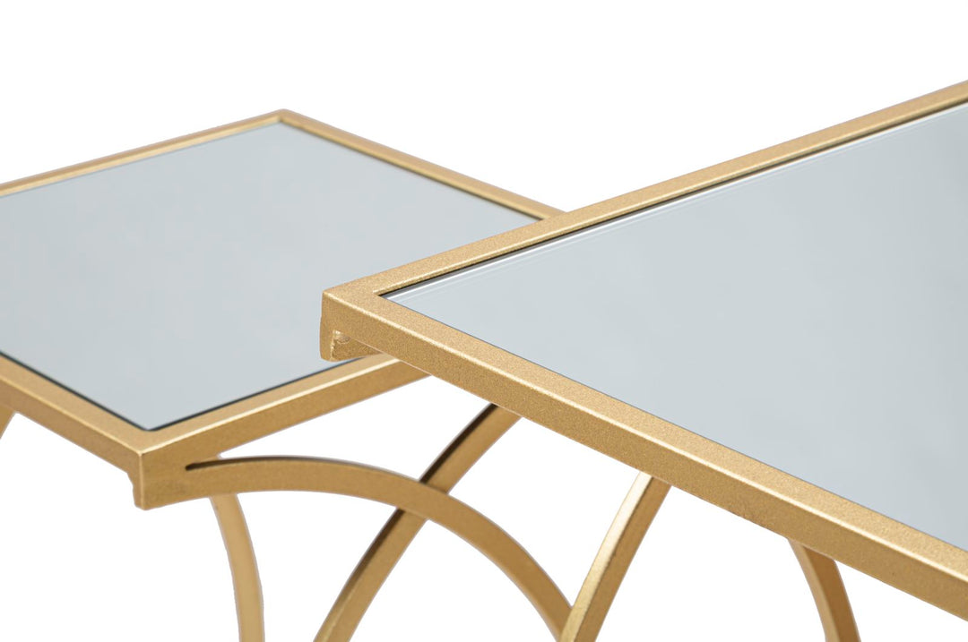 Goldener quadratischer Tisch aus Metall und Glas mit Doppelplatte
