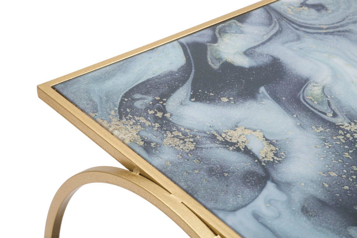 Kleiner quadratischer Tisch aus goldenem Metall mit grauer Marmorplatte