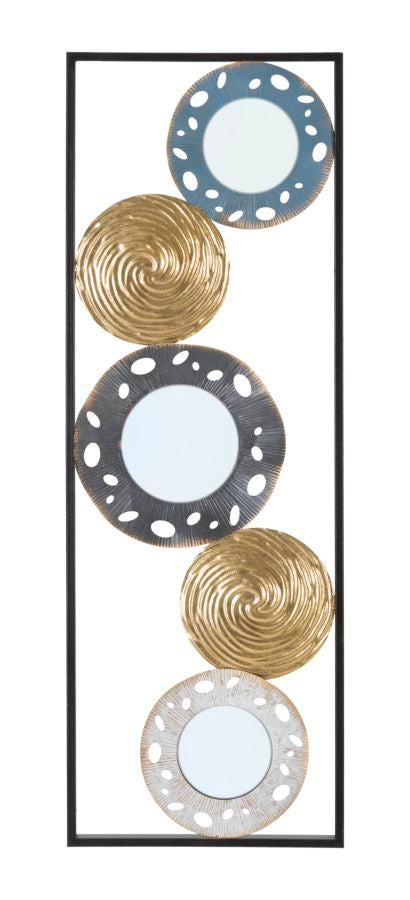 Geometrische Wanddekoration mit Metallkreisen in quadratischem Rahmen