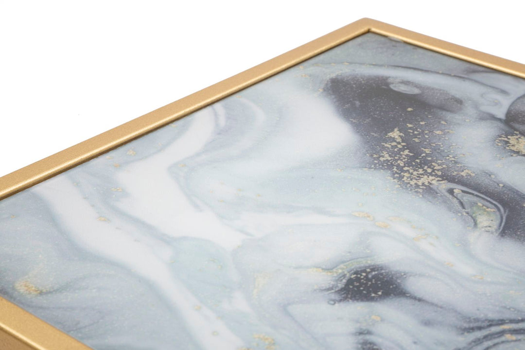 Kleiner quadratischer Tisch aus goldenem Metall mit grauer Marmorplatte