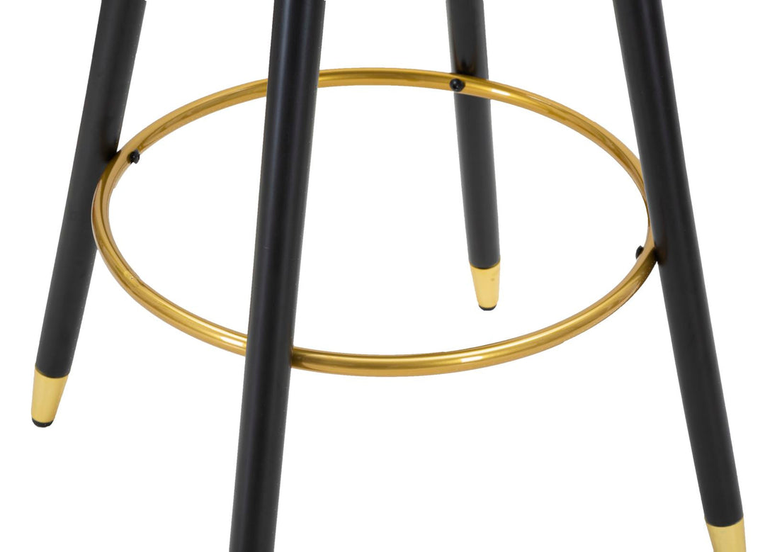 Hellrosa Samt-Barhocker mit schwarzen Holzbeinen und goldenen Details