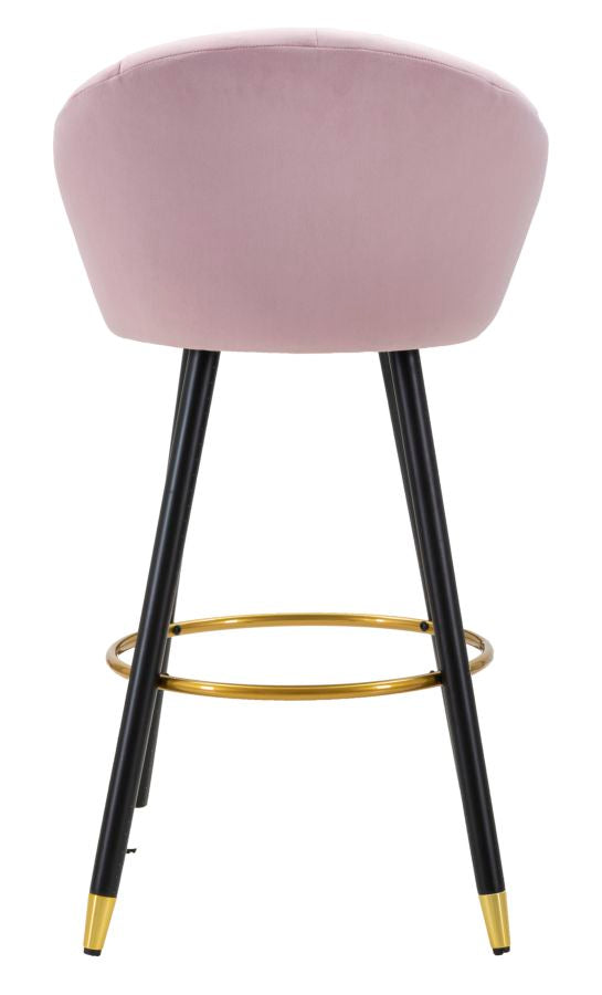 Hellrosa Samt-Barhocker mit schwarzen Holzbeinen und goldenen Details