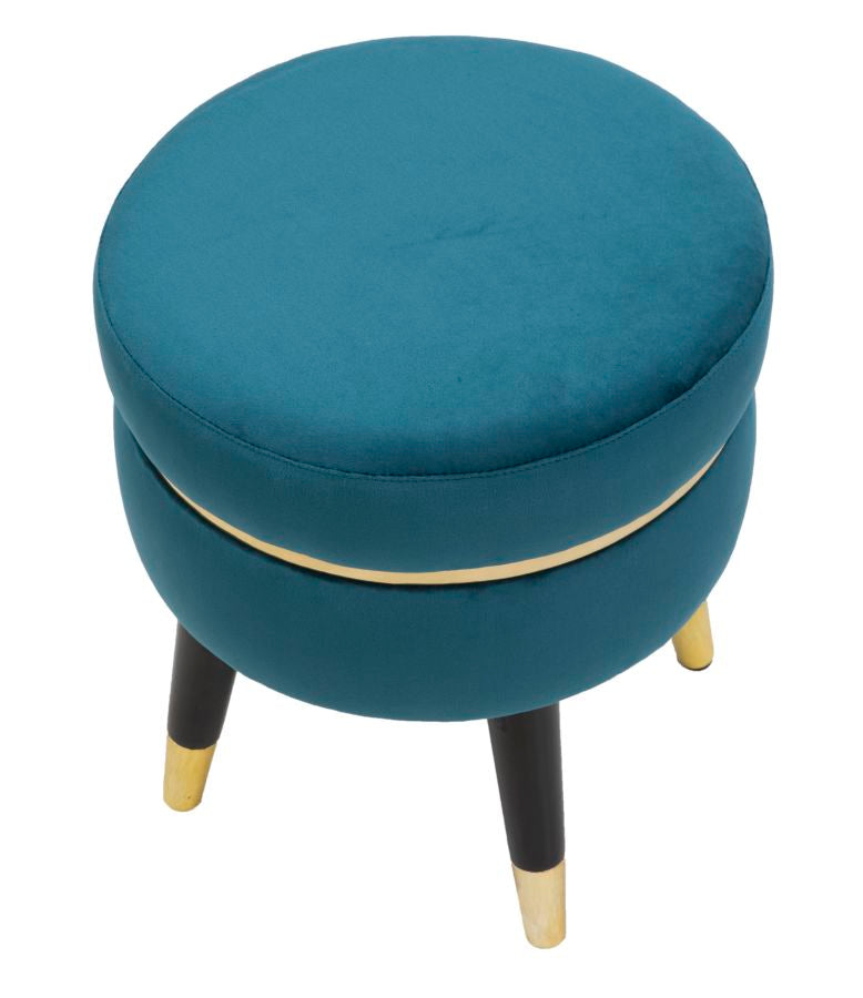 Kleiner Sitz aus blauem und goldenem Samt mit schwarzen Beinen