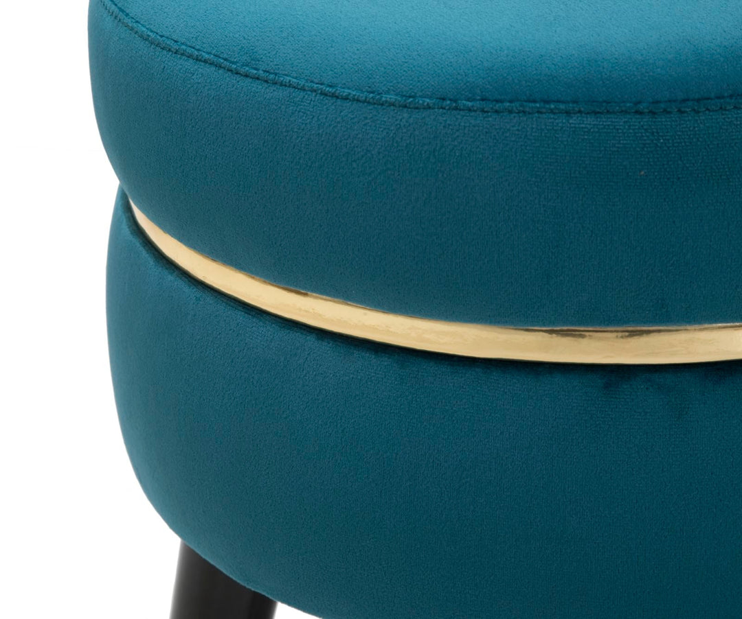 Kleiner Sitz aus blauem und goldenem Samt mit schwarzen Beinen