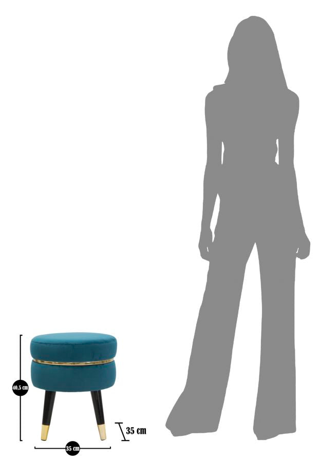 Kleiner Sitz aus blauem und goldenem Samt mit schwarzen Beinen