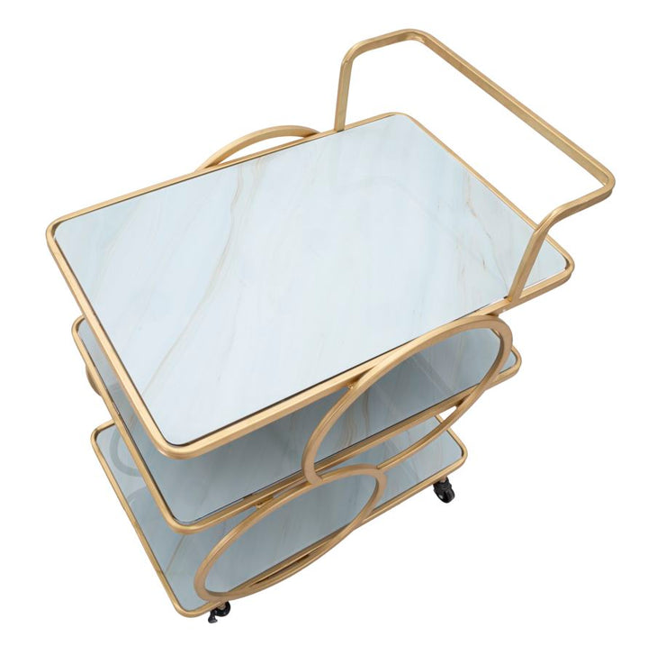 Goldfarbener Trolley aus Metall und Glas mit 3 Regalen