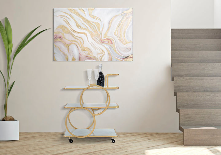 Goldfarbener Trolley aus Metall und Glas mit 3 Regalen