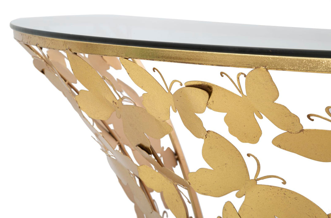 Goldenes Wandregal aus Metall und Glas mit Schmetterlingen