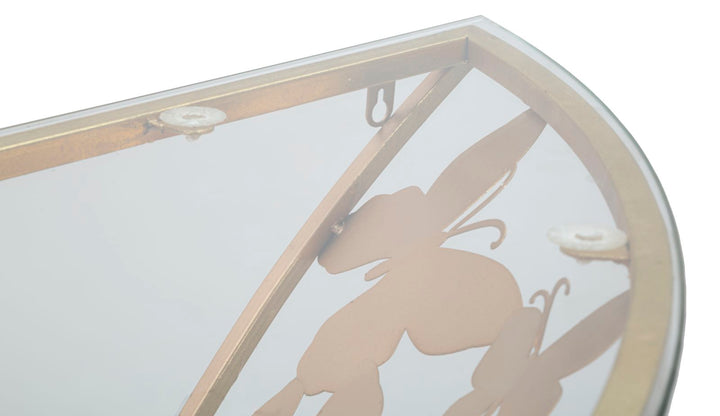 Goldenes Wandregal aus Metall und Glas mit Schmetterlingen