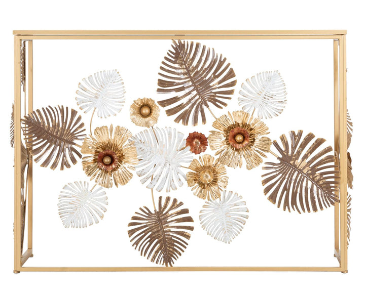 Goldener Konsolentisch aus Metall und Glas mit Blumen- und Blattmuster