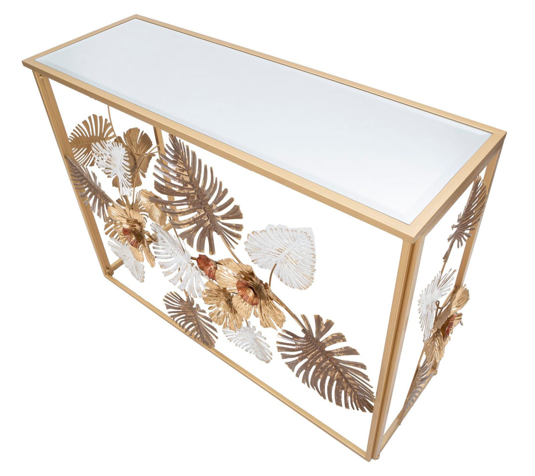 Goldener Konsolentisch aus Metall und Glas mit Blumen- und Blattmuster