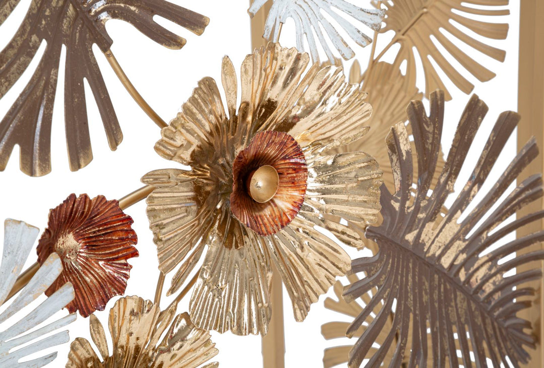 Goldener Konsolentisch aus Metall und Glas mit Blumen- und Blattmuster