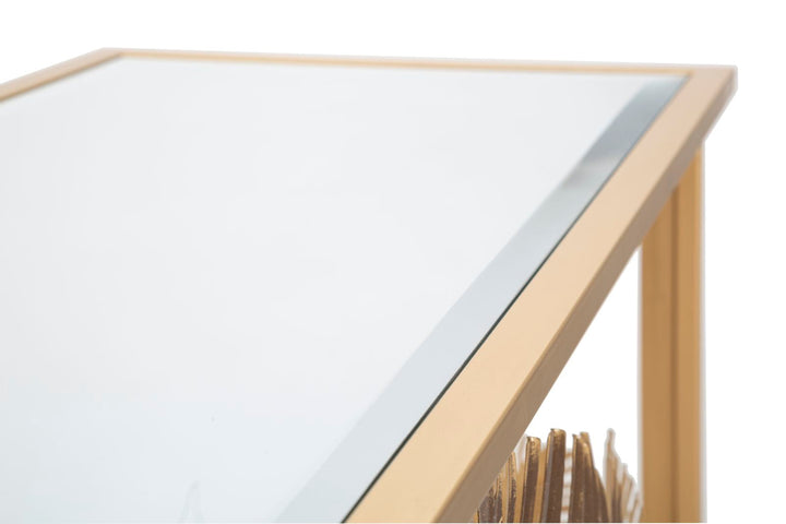Goldener Konsolentisch aus Metall und Glas mit Blumen- und Blattmuster
