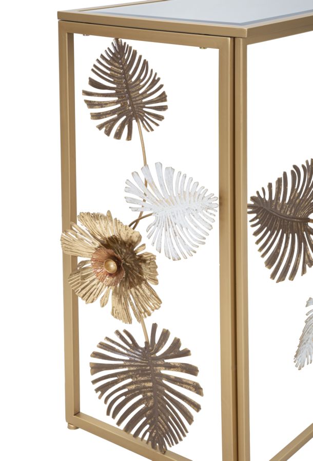 Goldener Konsolentisch aus Metall und Glas mit Blumen- und Blattmuster